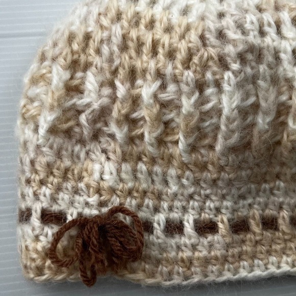 New Handmade Crocheted Girls Cream, Beige & Brown Winter Beanie Hat - Picture 5 of 7